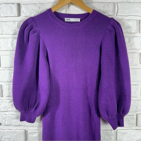 Zara Purple Puff Sleeve Sweater Dress Size Medium - Picture 9 of 11
